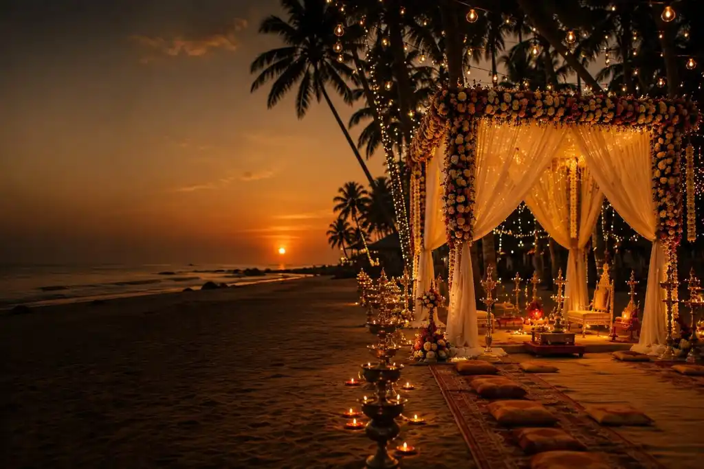 A floral mandap draped in ivory chiffon on a beach at sunset, lit by string lights with a row of brass oil lamps leading down the sand